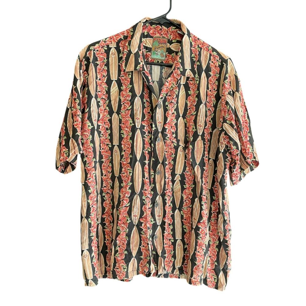 Pineapple Connection Mens Hawaiian Surf Boards Red Flowers Wooden Button Up Sz M